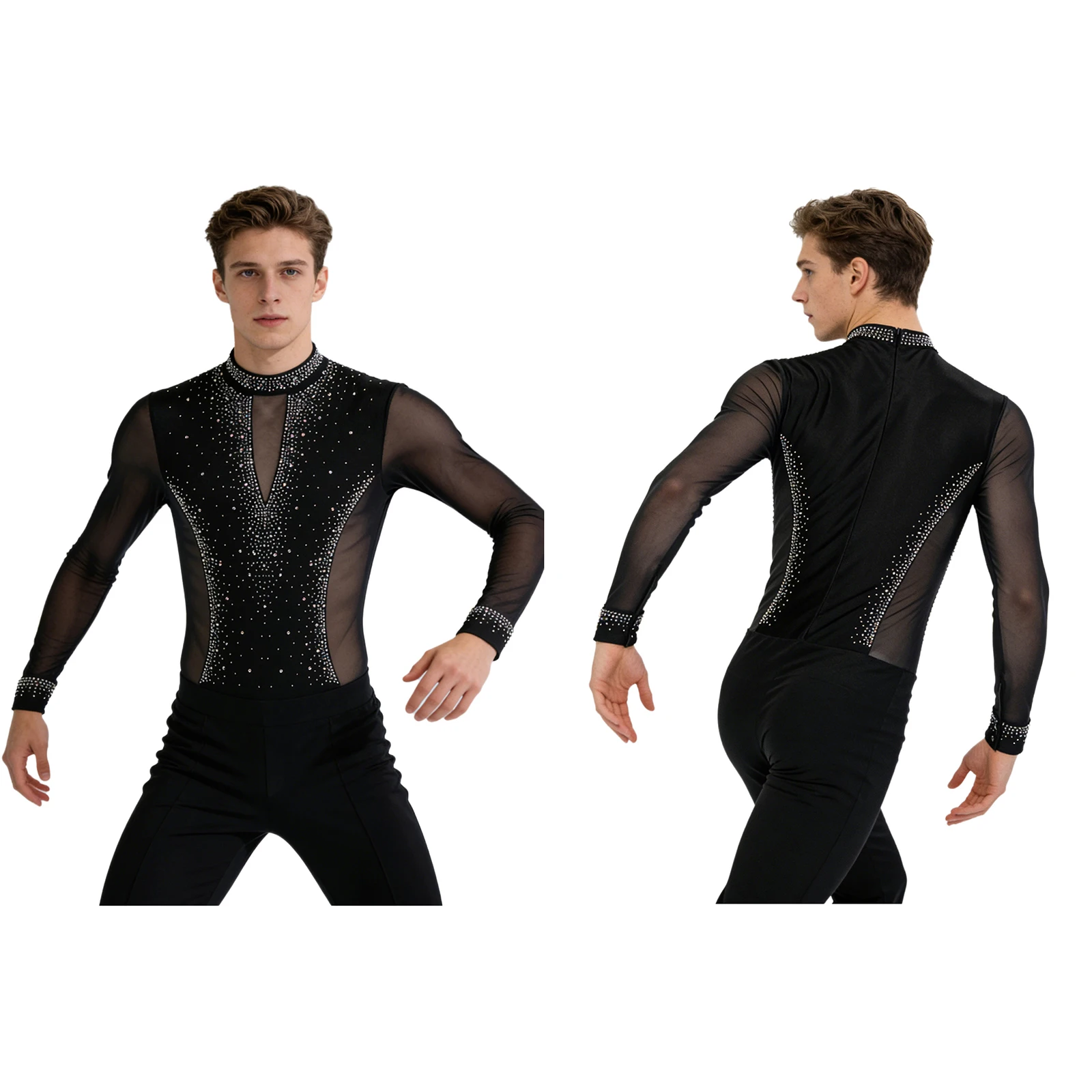 Men Long Sleeve Shiny Rhinestone Sheer Mesh Figure Skating Bodysuit Latin Dance Cha-cha Ballet Gymnastics Leotard Dancewear