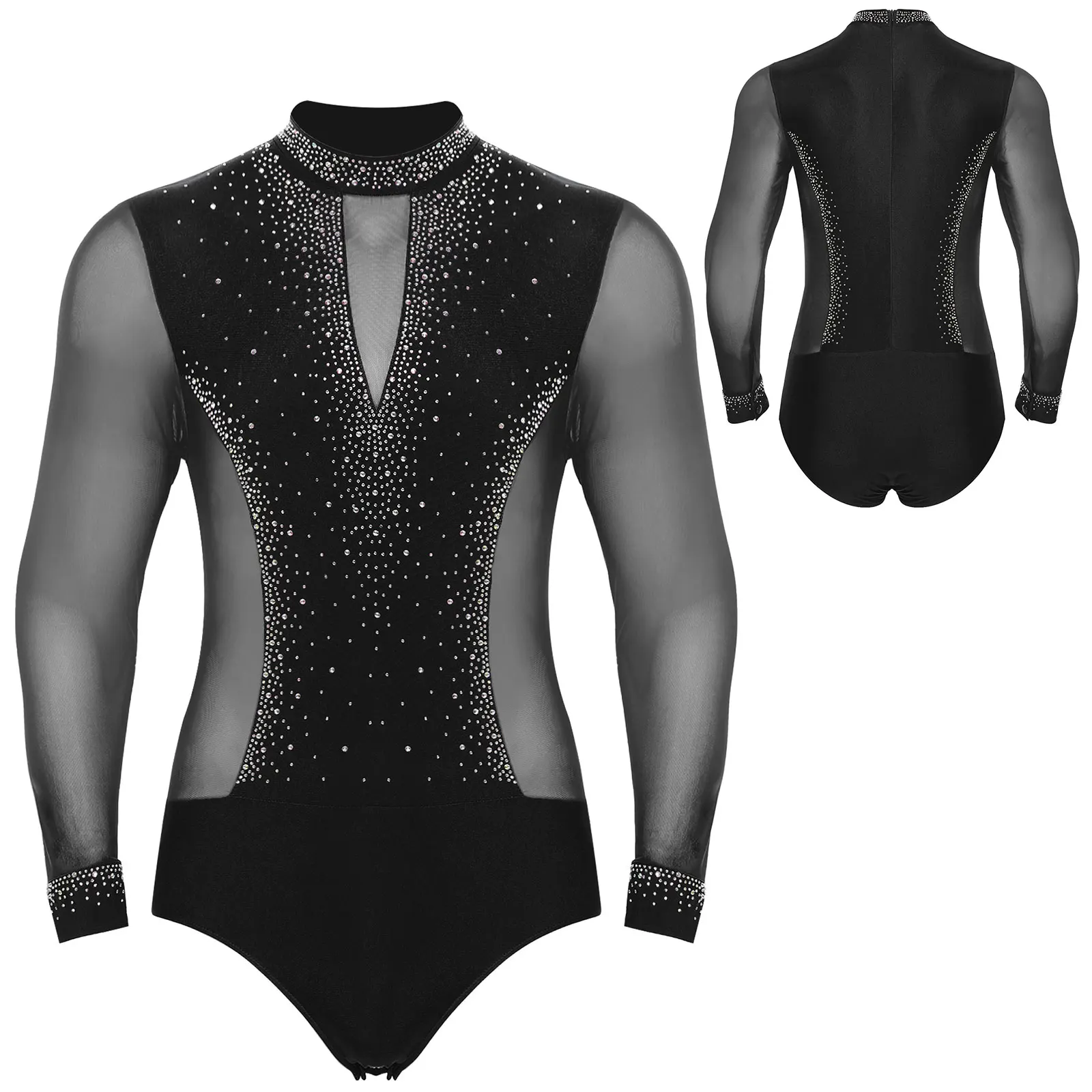 Men Long Sleeve Shiny Rhinestone Sheer Mesh Figure Skating Bodysuit Latin Dance Cha-cha Ballet Gymnastics Leotard Dancewear