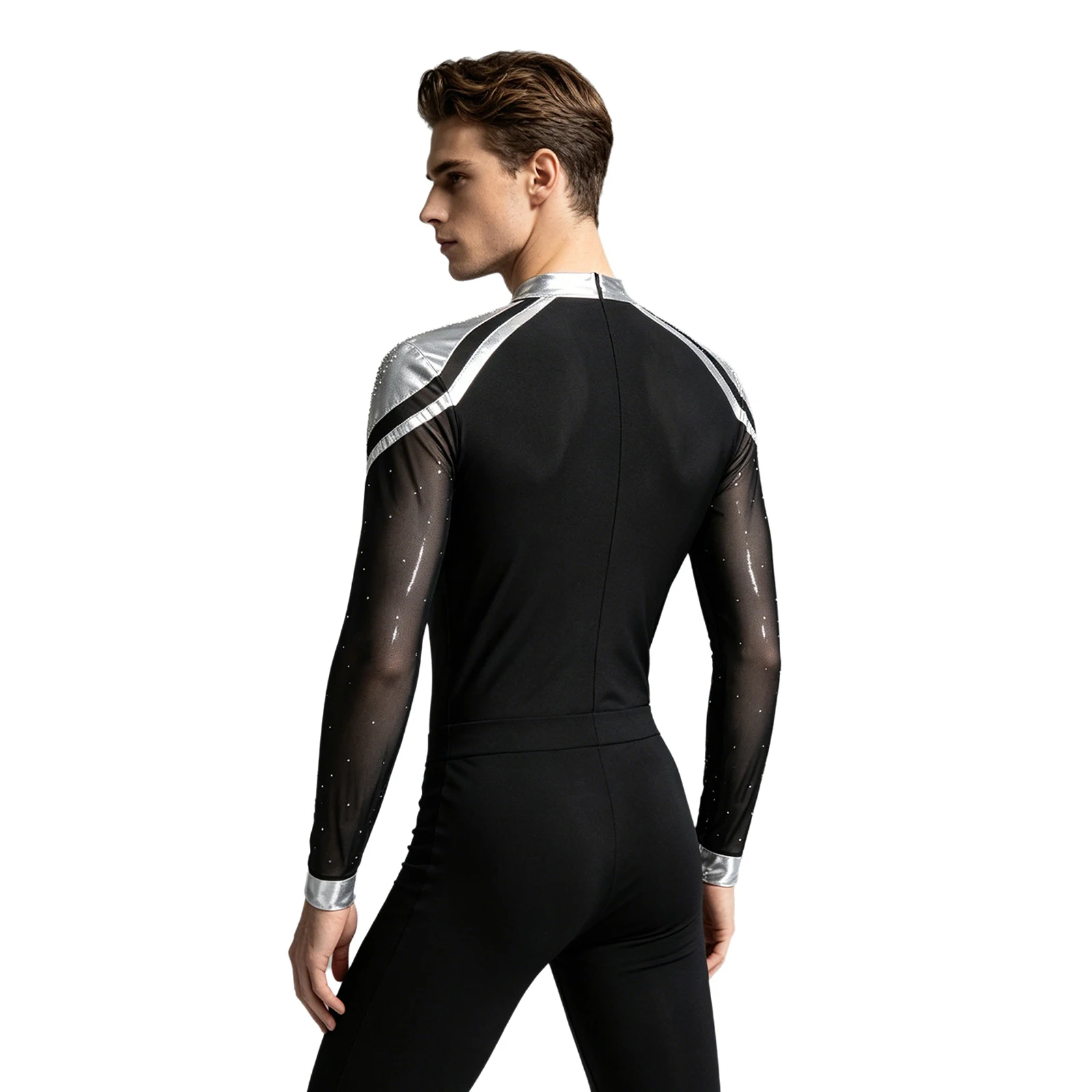 Men Long Sleeve Shiny Rhinestone Sheer Mesh Figure Skating Bodysuit Latin Dance Cha-cha Ballet Gymnastics Leotard Dancewear