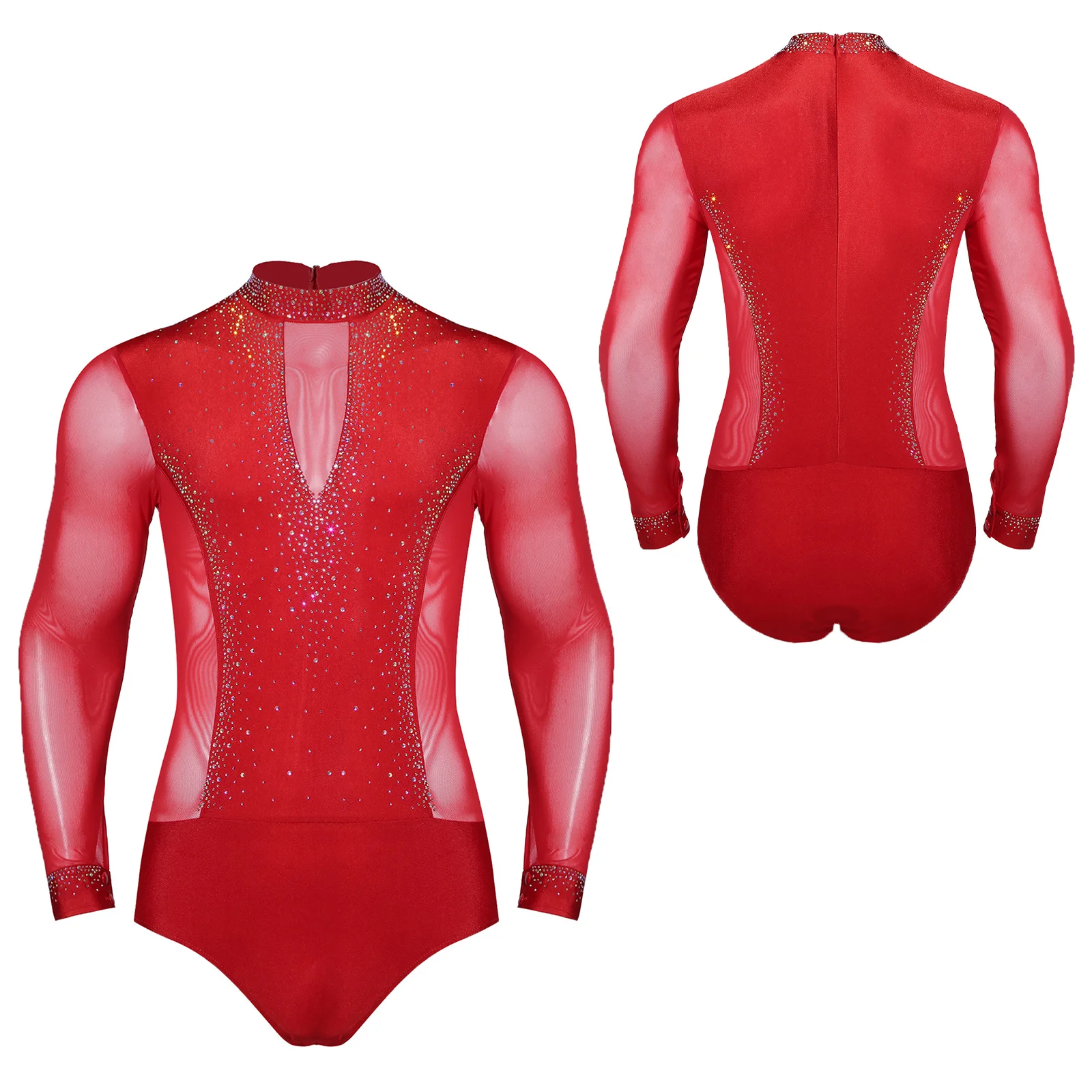 Men Long Sleeve Shiny Rhinestone Sheer Mesh Figure Skating Bodysuit Latin Dance Cha-cha Ballet Gymnastics Leotard Dancewear