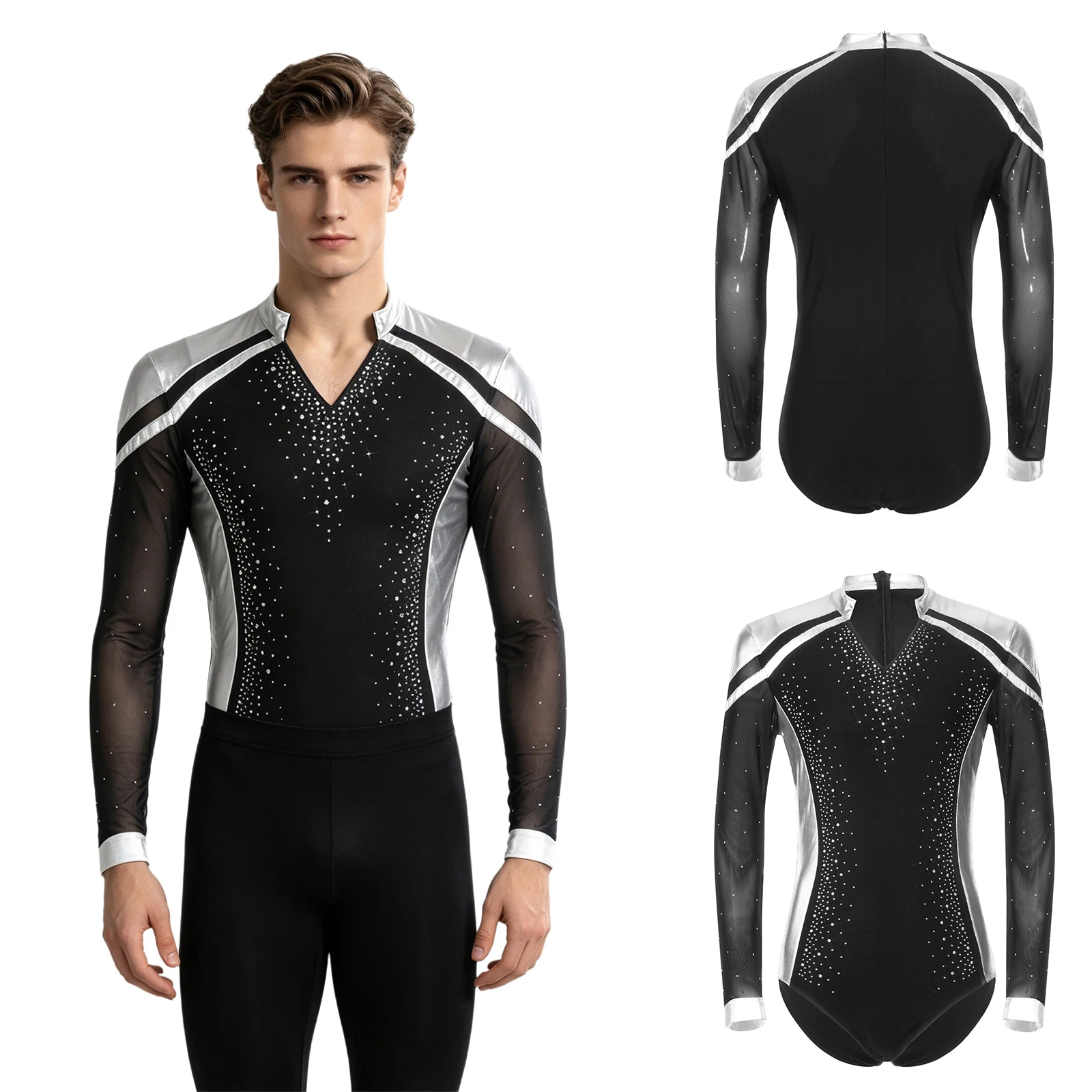 Men Long Sleeve Shiny Rhinestone Sheer Mesh Figure Skating Bodysuit Latin Dance Cha-cha Ballet Gymnastics Leotard Dancewear