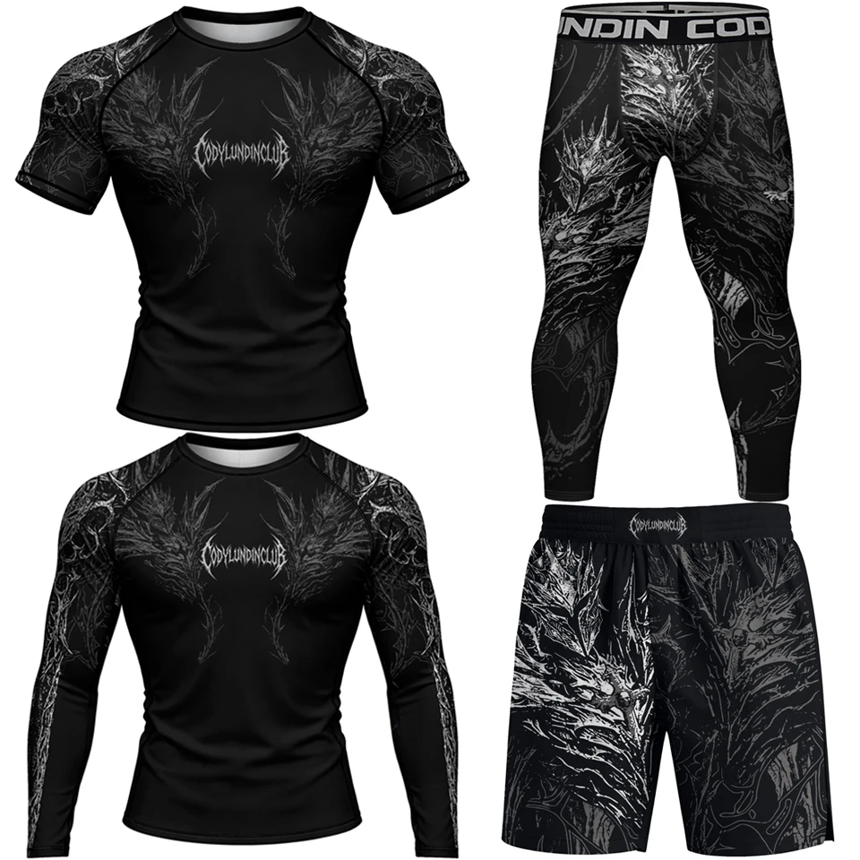 No Gi Bjj Rash Guard MMA T-shirt+Short Sets Jiu Jitsu Rashguard For Men Grappling Muay Thai Training Boxing Jereys Sportswear