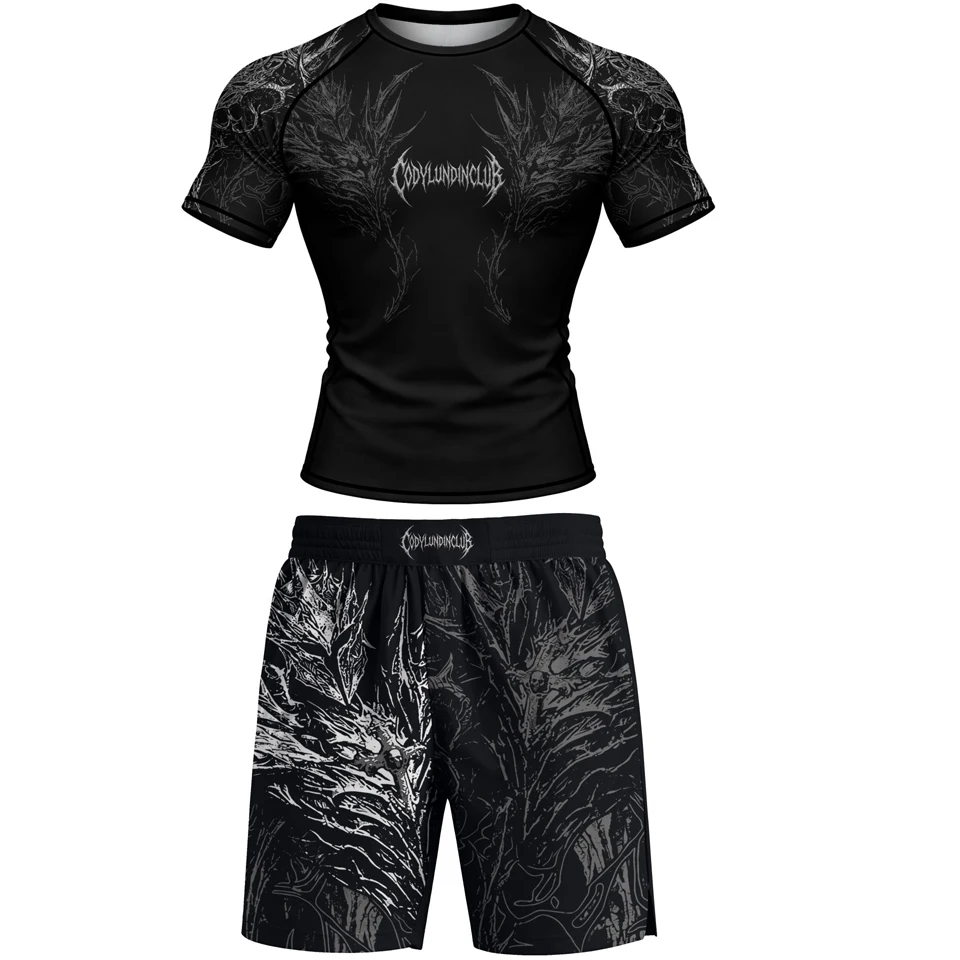 No Gi Bjj Rash Guard MMA T-shirt+Short Sets Jiu Jitsu Rashguard For Men Grappling Muay Thai Training Boxing Jereys Sportswear
