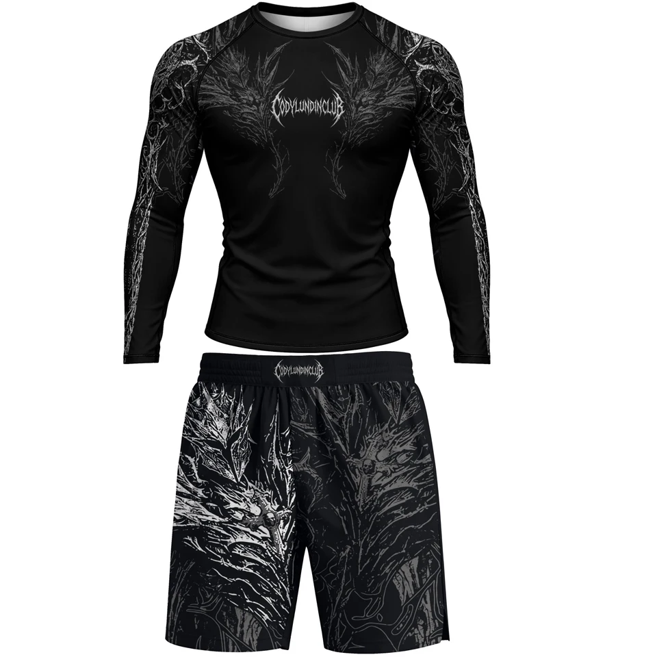 No Gi Bjj Rash Guard MMA T-shirt+Short Sets Jiu Jitsu Rashguard For Men Grappling Muay Thai Training Boxing Jereys Sportswear