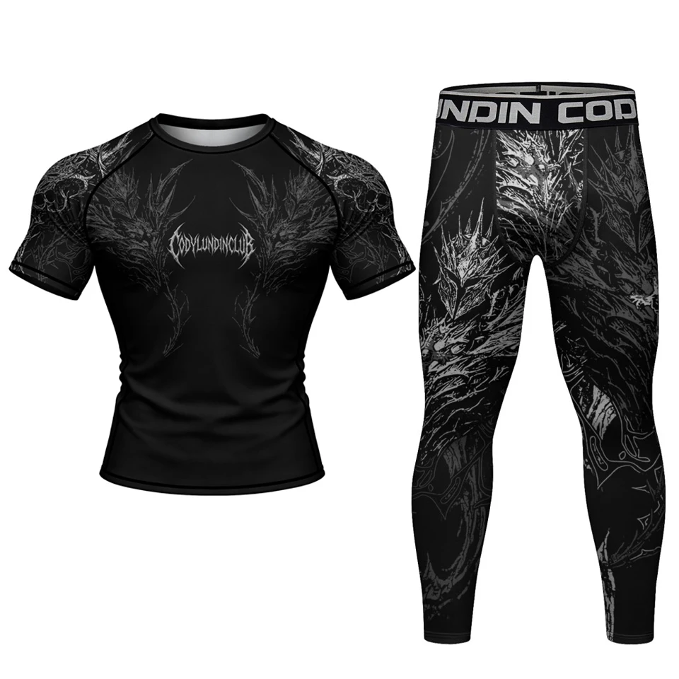 No Gi Bjj Rash Guard MMA T-shirt+Short Sets Jiu Jitsu Rashguard For Men Grappling Muay Thai Training Boxing Jereys Sportswear