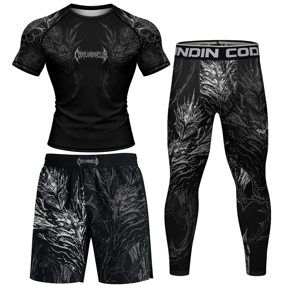 No Gi Bjj Rash Guard MMA T-shirt+Short Sets Jiu Jitsu Rashguard For Men Grappling Muay Thai Training Boxing Jereys Sportswear