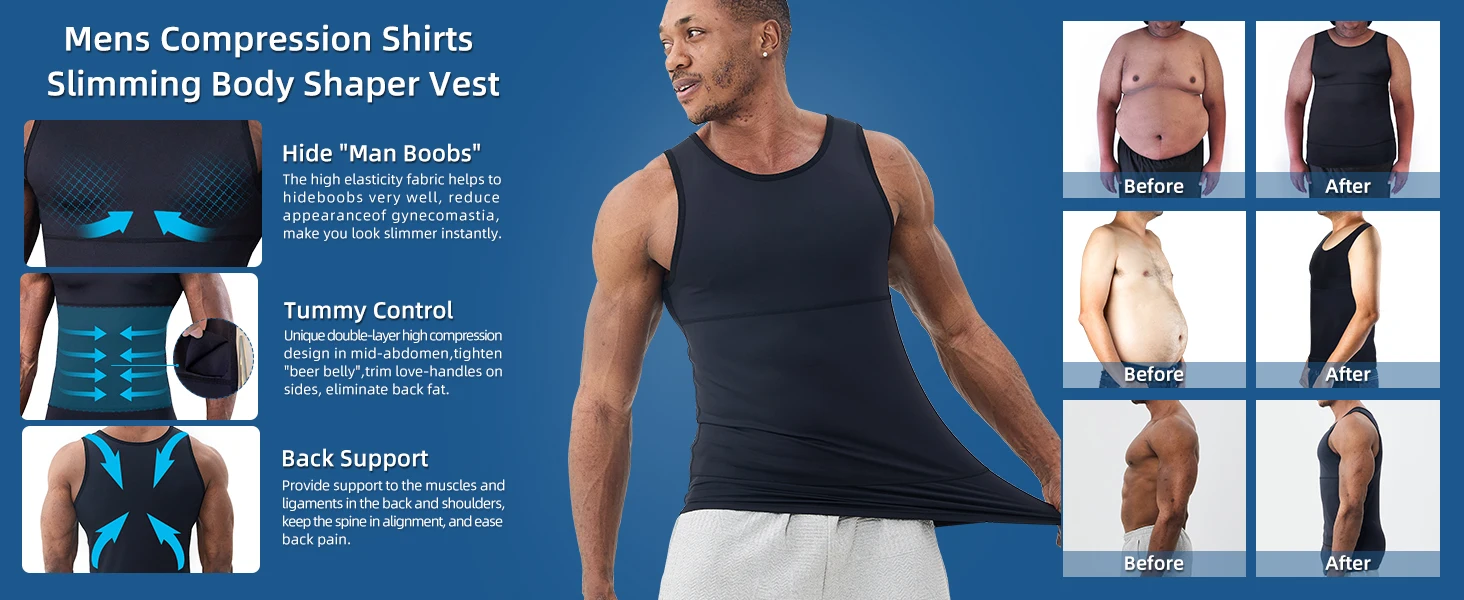 Men's Compression Tank Top Vest, Slimming Body Shaper Undershirt, Abs Abdomen Chest Control Workout Shapewear for Daily Fitness