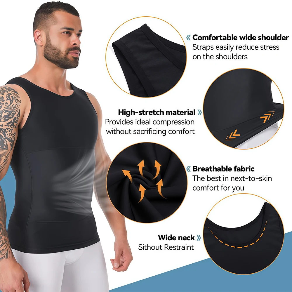 Men's Compression Tank Top Vest, Slimming Body Shaper Undershirt, Abs Abdomen Chest Control Workout Shapewear for Daily Fitness