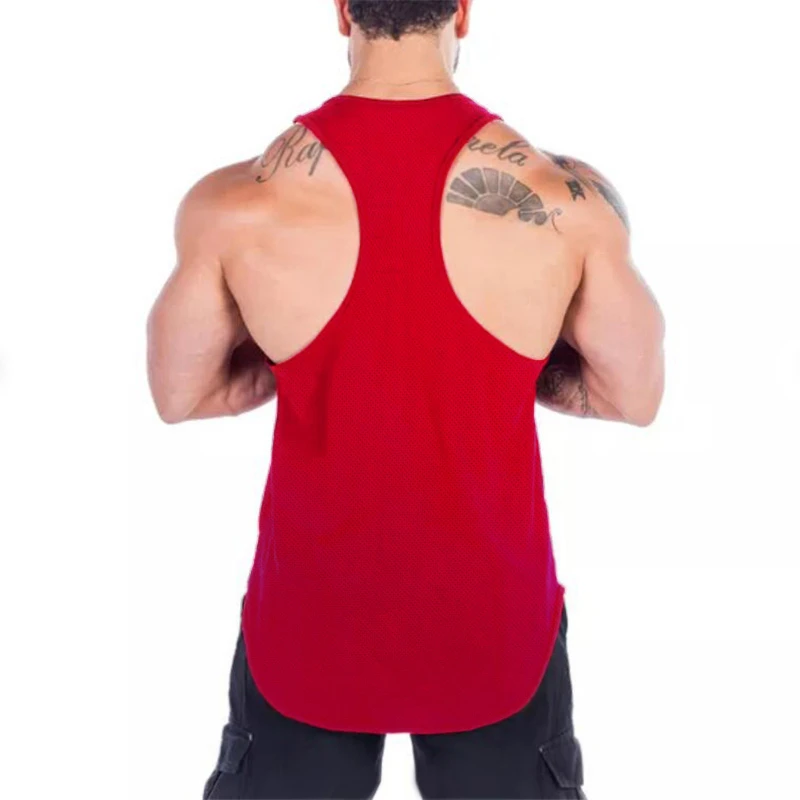 Mens Quick Dry Mesh Printed Loose Tank Tops, Y-Back Breathable Gym Vest, Polyester Fitness Bodybuilding Sleeveless Shirts