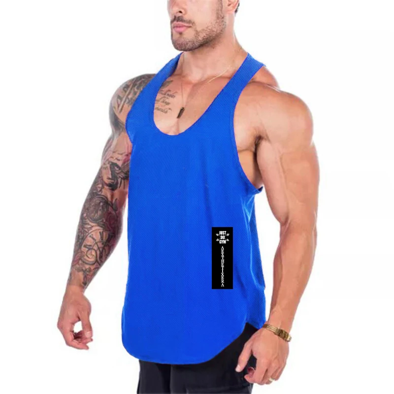 Mens Quick Dry Mesh Printed Loose Tank Tops, Y-Back Breathable Gym Vest, Polyester Fitness Bodybuilding Sleeveless Shirts