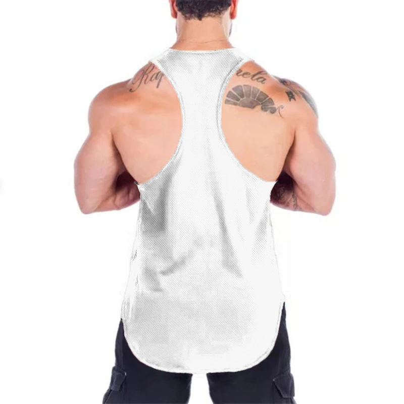 Mens Quick Dry Mesh Printed Loose Tank Tops, Y-Back Breathable Gym Vest, Polyester Fitness Bodybuilding Sleeveless Shirts