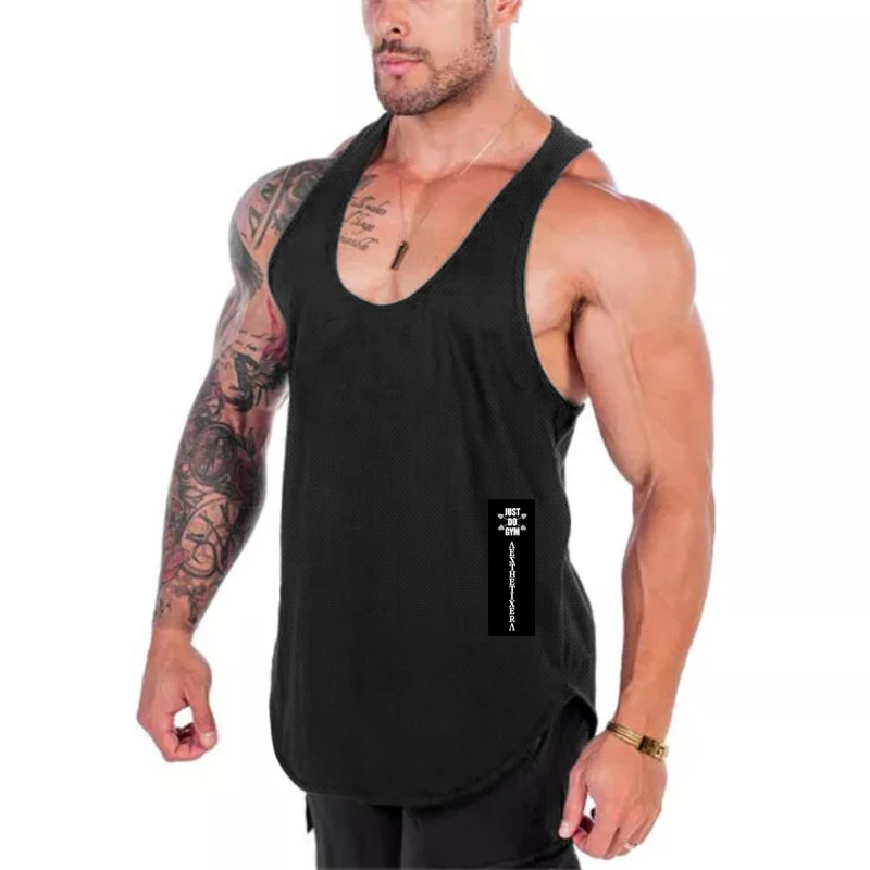 Mens Quick Dry Mesh Printed Loose Tank Tops, Y-Back Breathable Gym Vest, Polyester Fitness Bodybuilding Sleeveless Shirts