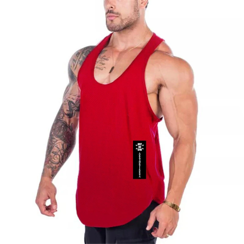 Mens Quick Dry Mesh Printed Loose Tank Tops, Y-Back Breathable Gym Vest, Polyester Fitness Bodybuilding Sleeveless Shirts