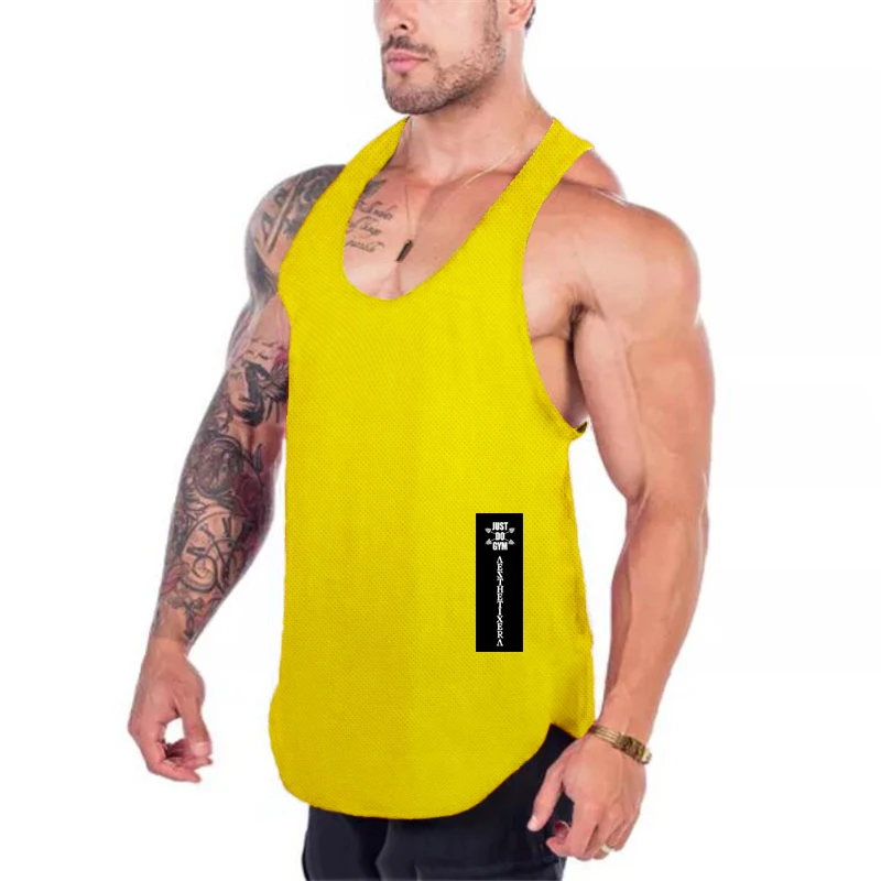 Mens Quick Dry Mesh Printed Loose Tank Tops, Y-Back Breathable Gym Vest, Polyester Fitness Bodybuilding Sleeveless Shirts