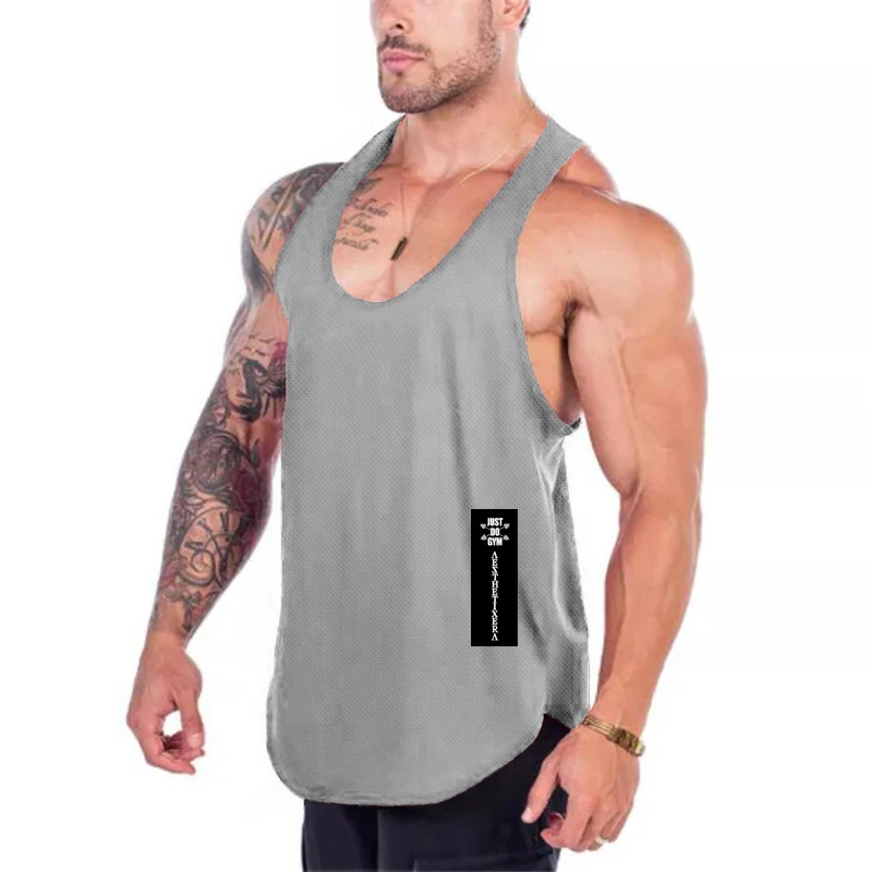 Mens Quick Dry Mesh Printed Loose Tank Tops, Y-Back Breathable Gym Vest, Polyester Fitness Bodybuilding Sleeveless Shirts