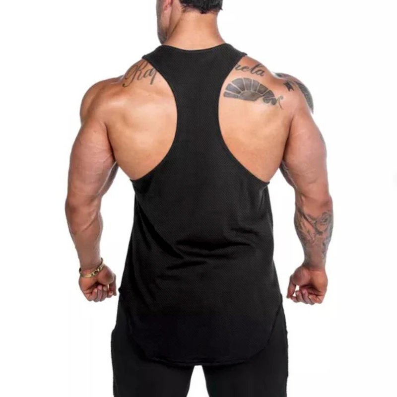 Mens Quick Dry Mesh Printed Loose Tank Tops, Y-Back Breathable Gym Vest, Polyester Fitness Bodybuilding Sleeveless Shirts