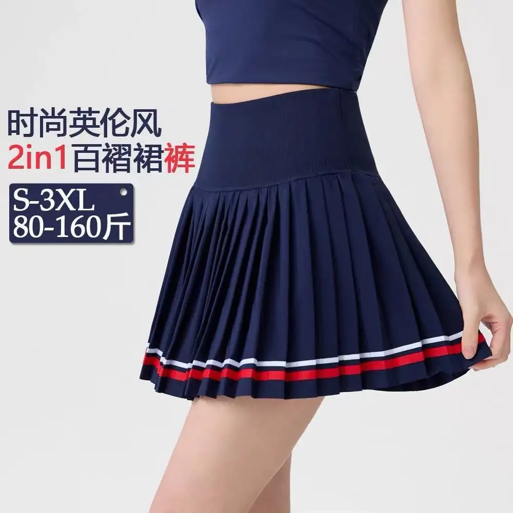 Plus-Size Women's High-Waisted Sports Skirt with Tummy Control, Anti-Exposure, Pockets, Color-Blocking, Yoga, Outdoor, Tennis, Pleated Skirt