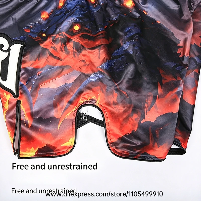 Muay Thai Shorts Men Women Youth Satin Boxing Trunks with Fire Snake Print Thai Letter Embroidery Elastic Waist Kickboxing Pants