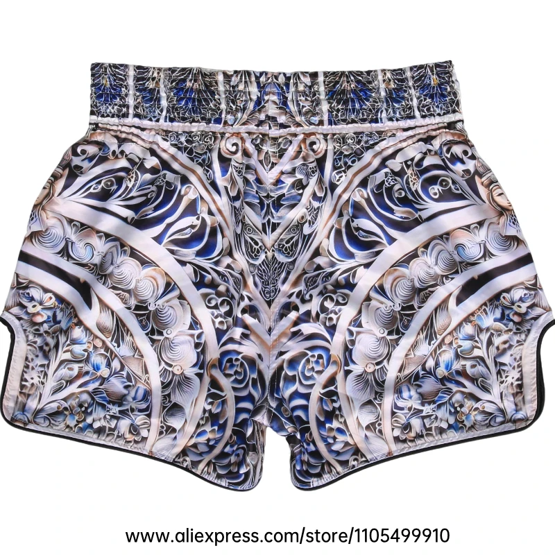 Muay Thai Shorts Men Women Youth Satin Boxing Trunks with Fire Snake Print Thai Letter Embroidery Elastic Waist Kickboxing Pants