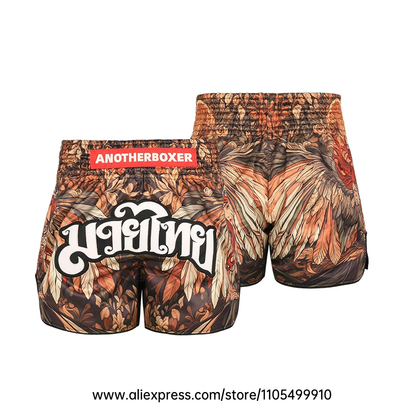 Muay Thai Shorts Men Women Youth Satin Boxing Trunks with Fire Snake Print Thai Letter Embroidery Elastic Waist Kickboxing Pants