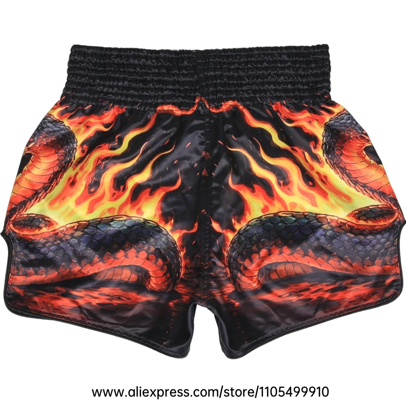 Muay Thai Shorts Men Women Youth Satin Boxing Trunks with Fire Snake Print Thai Letter Embroidery Elastic Waist Kickboxing Pants