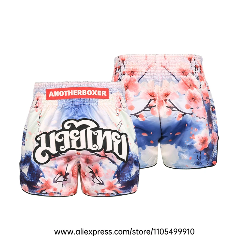 Muay Thai Shorts Men Women Youth Satin Boxing Trunks with Fire Snake Print Thai Letter Embroidery Elastic Waist Kickboxing Pants