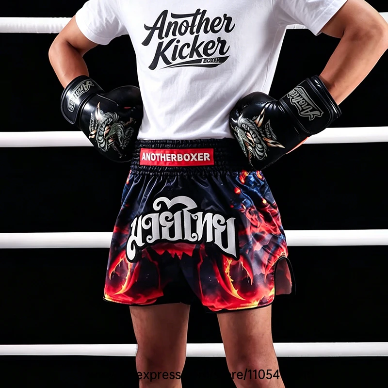 Muay Thai Shorts Men Women Youth Satin Boxing Trunks with Fire Snake Print Thai Letter Embroidery Elastic Waist Kickboxing Pants