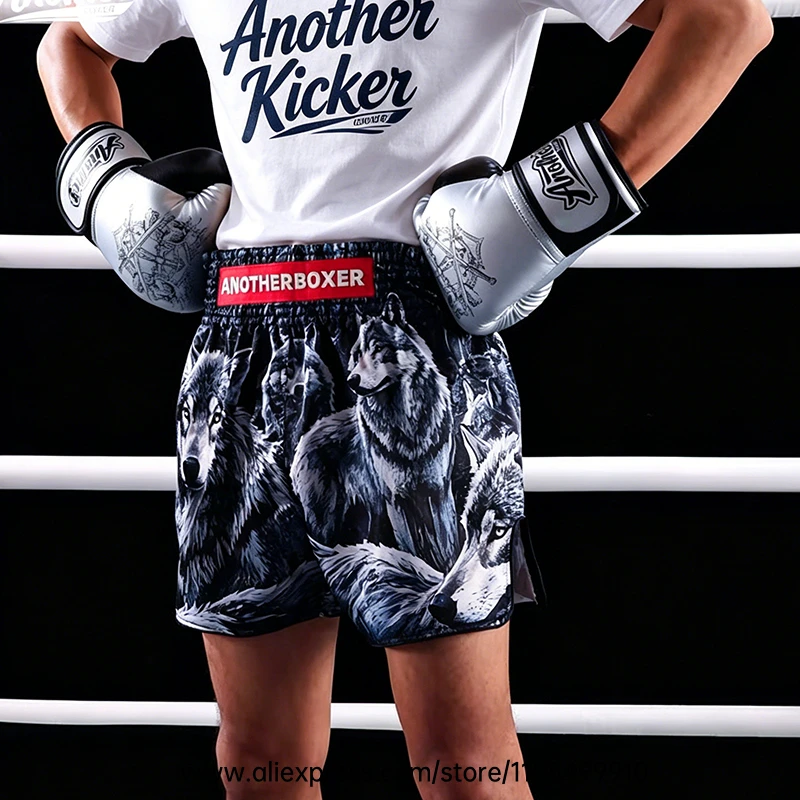 Muay Thai Shorts Men Women Youth Satin Boxing Trunks with Fire Snake Print Thai Letter Embroidery Elastic Waist Kickboxing Pants