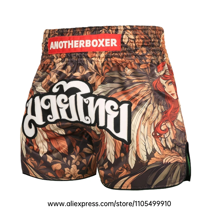 Muay Thai Shorts Men Women Youth Satin Boxing Trunks with Fire Snake Print Thai Letter Embroidery Elastic Waist Kickboxing Pants