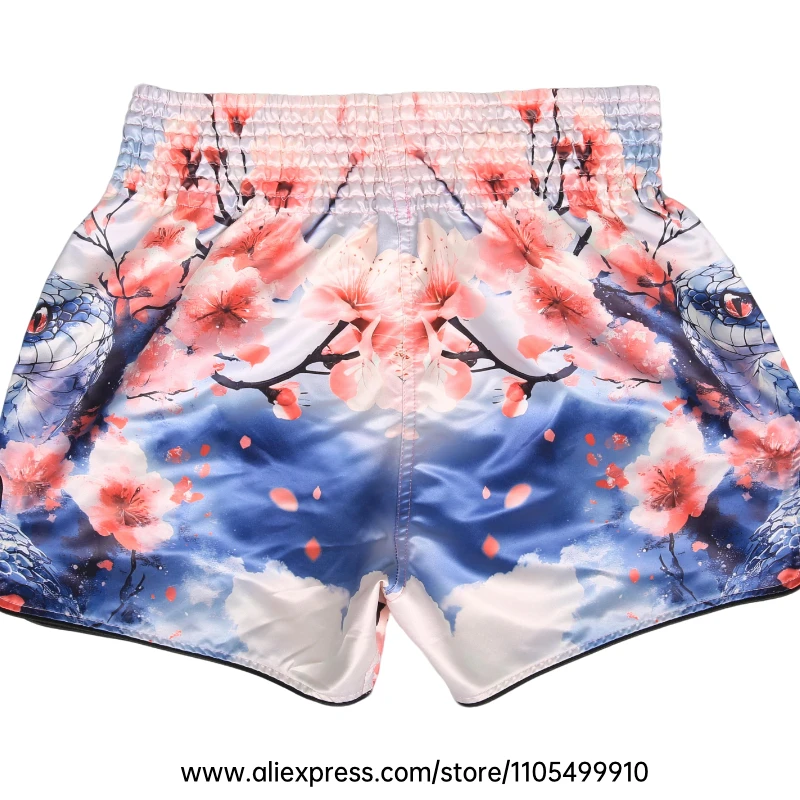 Muay Thai Shorts Men Women Youth Satin Boxing Trunks with Fire Snake Print Thai Letter Embroidery Elastic Waist Kickboxing Pants