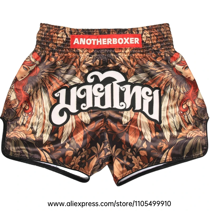 Muay Thai Shorts Men Women Youth Satin Boxing Trunks with Fire Snake Print Thai Letter Embroidery Elastic Waist Kickboxing Pants