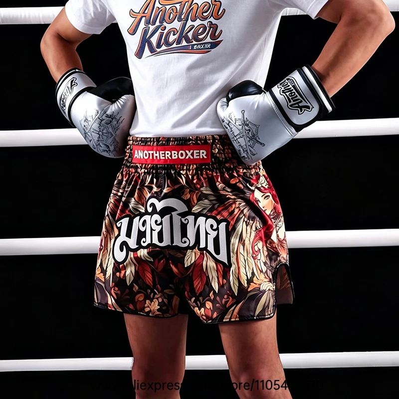 Muay Thai Shorts Men Women Youth Satin Boxing Trunks with Fire Snake Print Thai Letter Embroidery Elastic Waist Kickboxing Pants