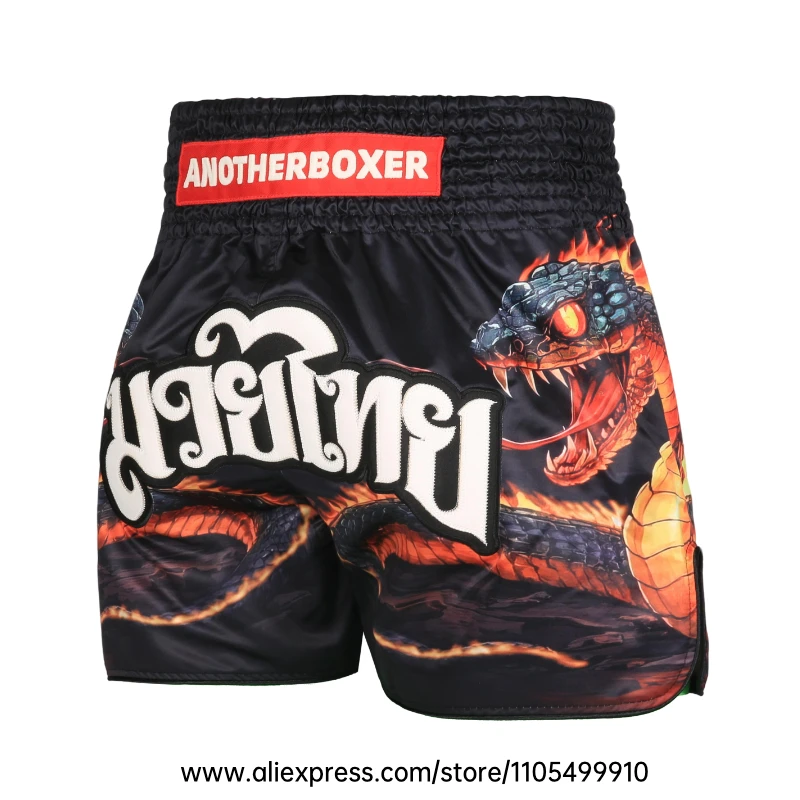 Muay Thai Shorts Men Women Youth Satin Boxing Trunks with Fire Snake Print Thai Letter Embroidery Elastic Waist Kickboxing Pants