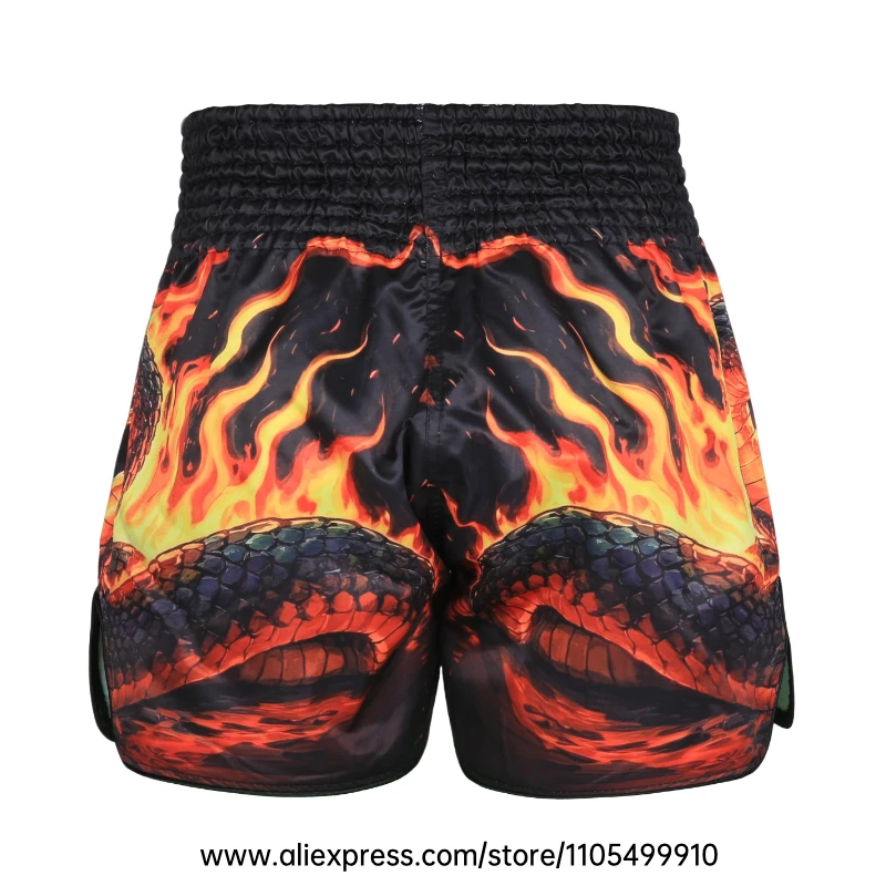 Muay Thai Shorts Men Women Youth Satin Boxing Trunks with Fire Snake Print Thai Letter Embroidery Elastic Waist Kickboxing Pants