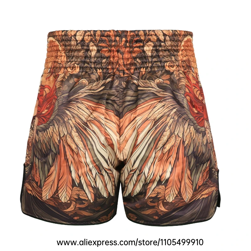 Muay Thai Shorts Men Women Youth Satin Boxing Trunks with Fire Snake Print Thai Letter Embroidery Elastic Waist Kickboxing Pants