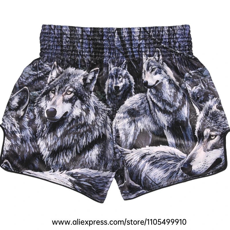 Muay Thai Shorts Men Women Youth Satin Boxing Trunks with Fire Snake Print Thai Letter Embroidery Elastic Waist Kickboxing Pants