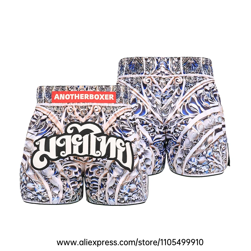 Muay Thai Shorts Men Women Youth Satin Boxing Trunks with Fire Snake Print Thai Letter Embroidery Elastic Waist Kickboxing Pants
