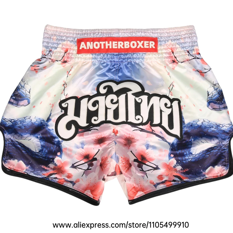 Muay Thai Shorts Men Women Youth Satin Boxing Trunks with Fire Snake Print Thai Letter Embroidery Elastic Waist Kickboxing Pants