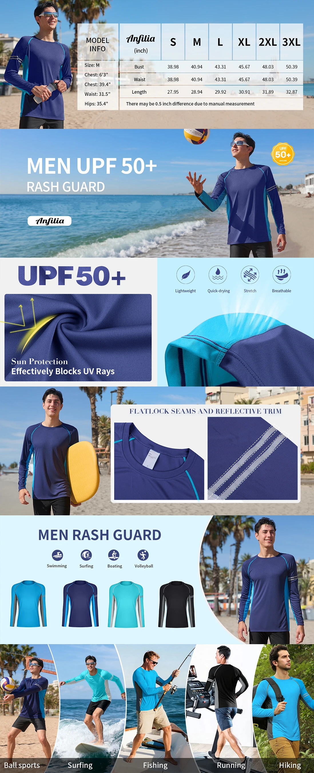Anfilia Mens UPF 50+ Long Sleeve Rash Vest Quick Dry Rash Guards Surfing Swim Shirt