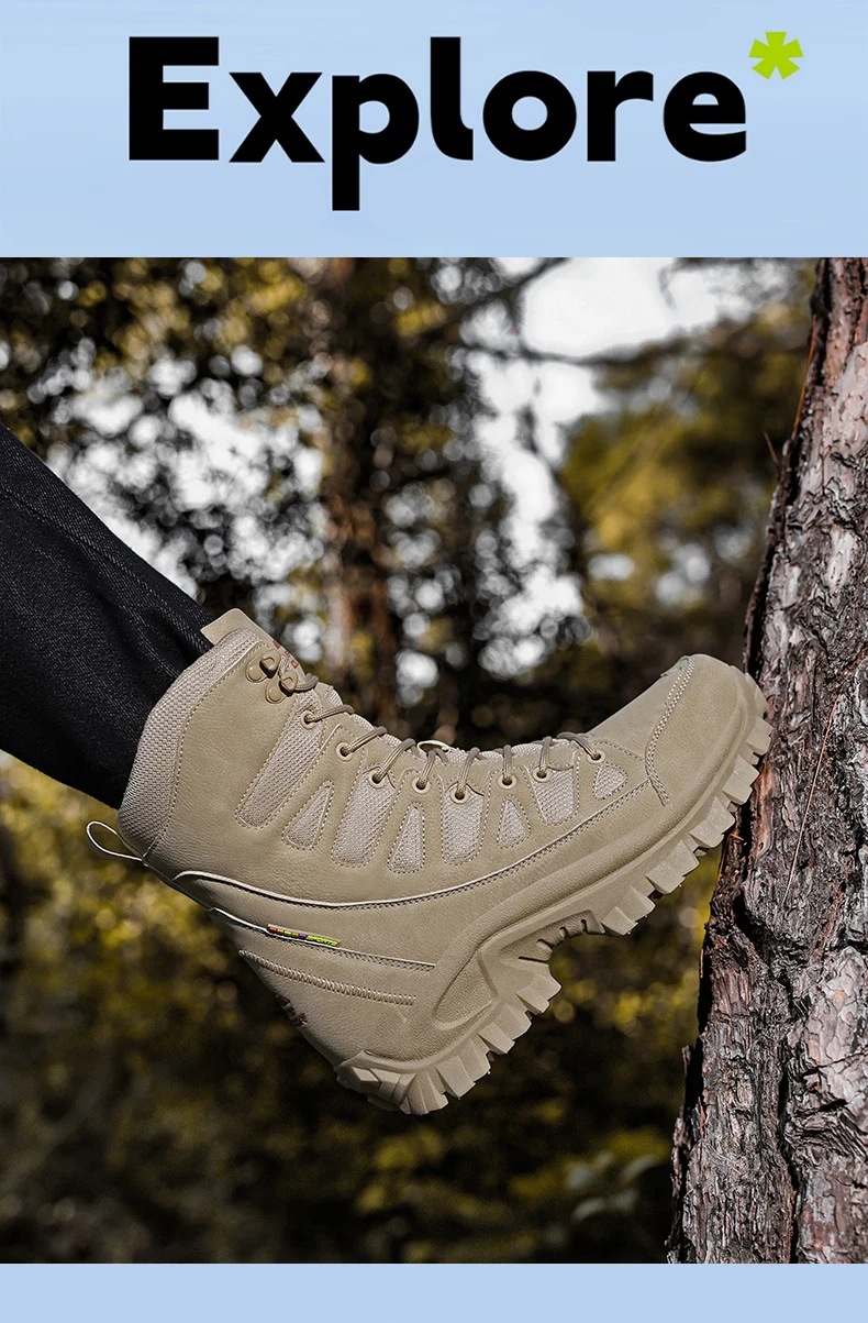 Men Mountaineering Shoes Outdoor Non-slip Tactical Boot Desert Boot Breathable Leather Upper High Top Field Training Safety Shoe