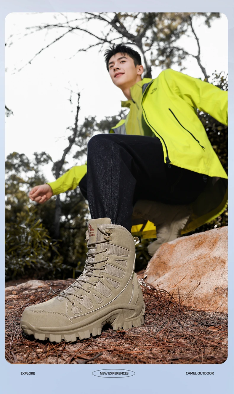 Men Mountaineering Shoes Outdoor Non-slip Tactical Boot Desert Boot Breathable Leather Upper High Top Field Training Safety Shoe