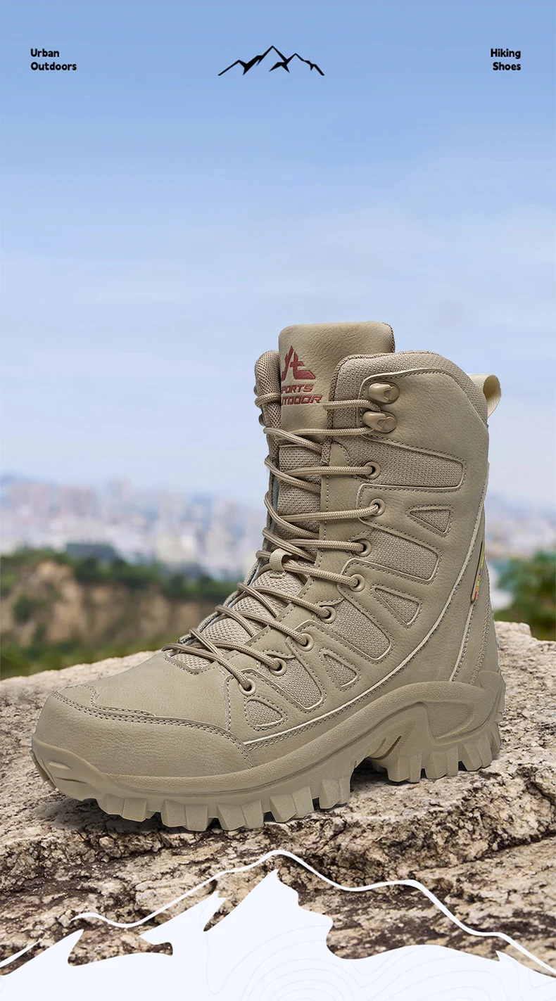 Men Mountaineering Shoes Outdoor Non-slip Tactical Boot Desert Boot Breathable Leather Upper High Top Field Training Safety Shoe