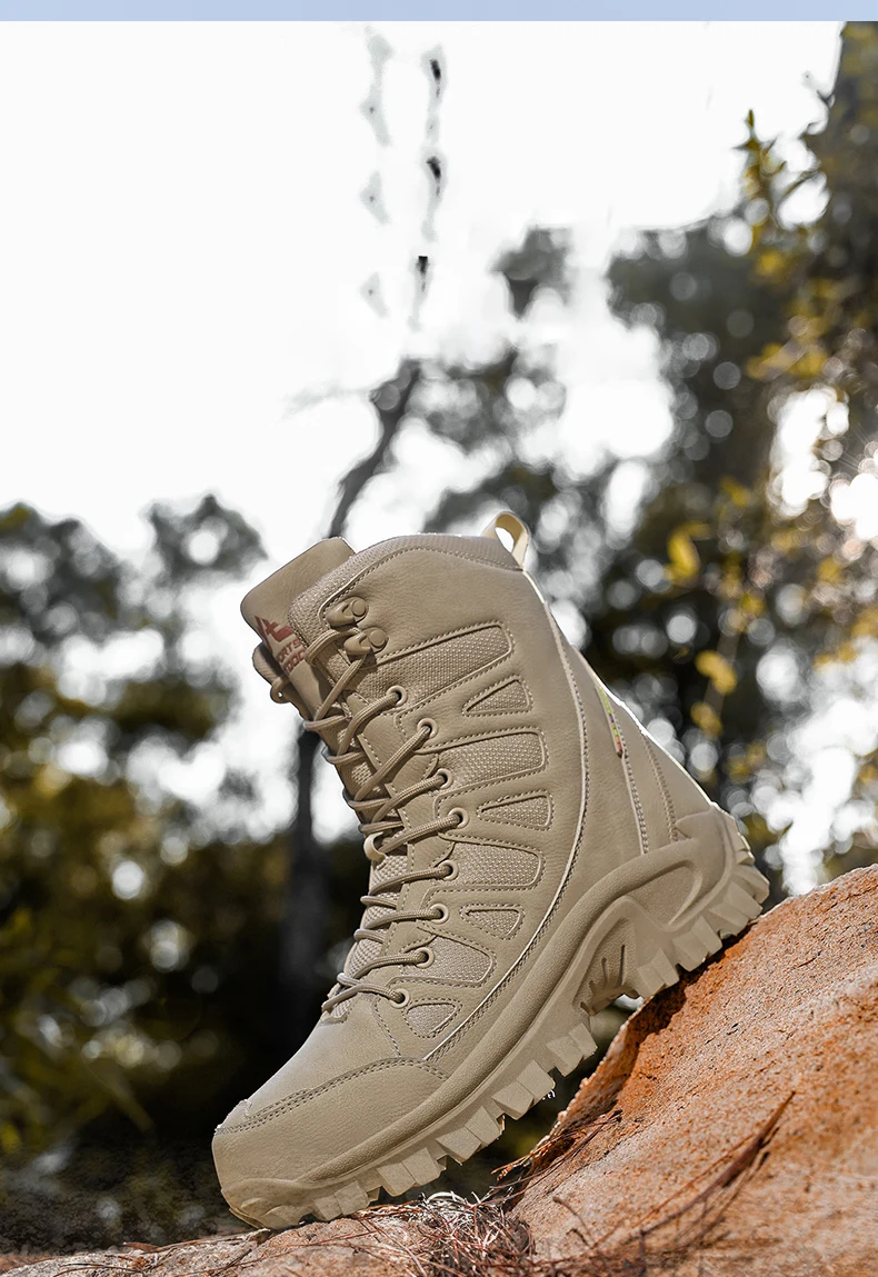 Men Mountaineering Shoes Outdoor Non-slip Tactical Boot Desert Boot Breathable Leather Upper High Top Field Training Safety Shoe