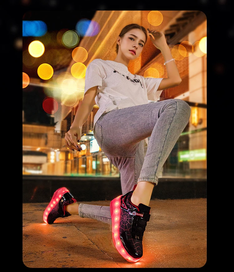 Spider Web Design LED Light up Roller Skates Unisex Children Students Walking Shoes Chargeable Lights Wheel Skate Shoes