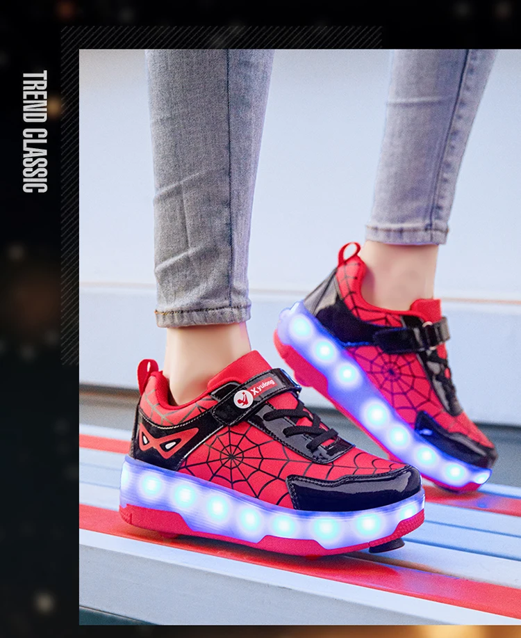 Spider Web Design LED Light up Roller Skates Unisex Children Students Walking Shoes Chargeable Lights Wheel Skate Shoes