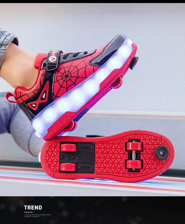 Spider Web Design LED Light up Roller Skates Unisex Children Students Walking Shoes Chargeable Lights Wheel Skate Shoes