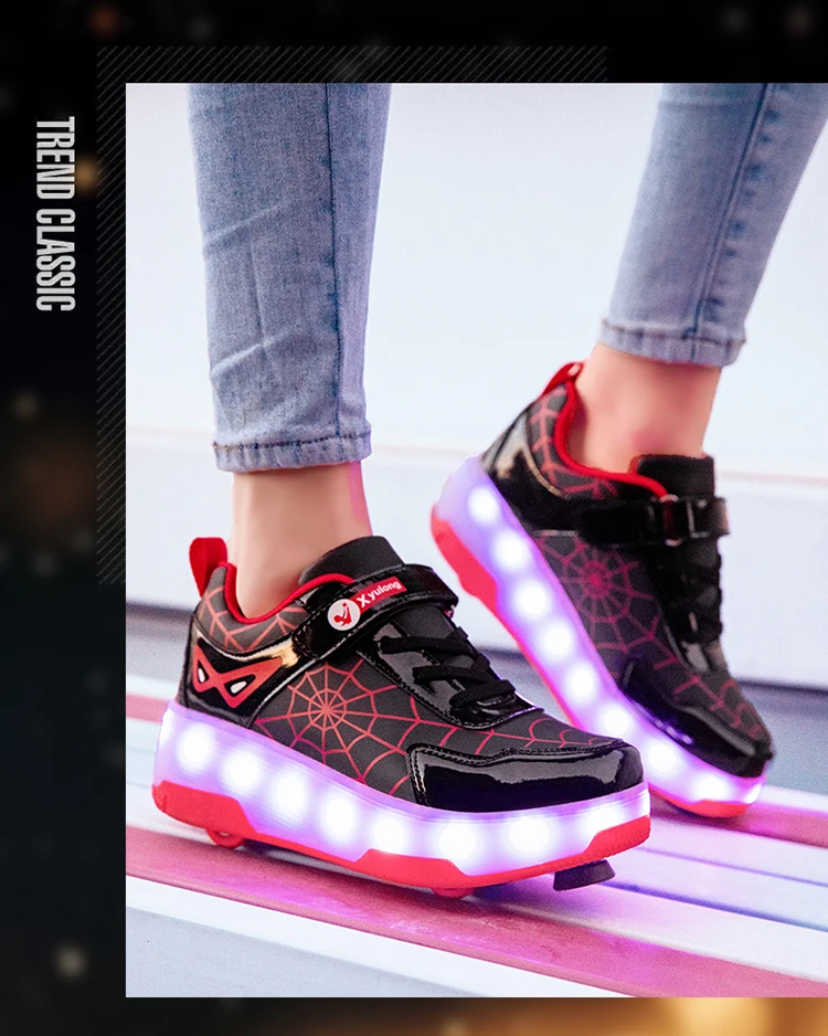 Spider Web Design LED Light up Roller Skates Unisex Children Students Walking Shoes Chargeable Lights Wheel Skate Shoes