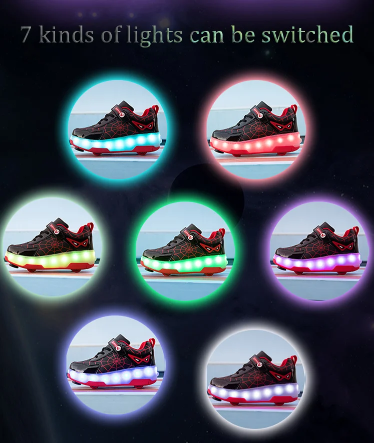 Spider Web Design LED Light up Roller Skates Unisex Children Students Walking Shoes Chargeable Lights Wheel Skate Shoes