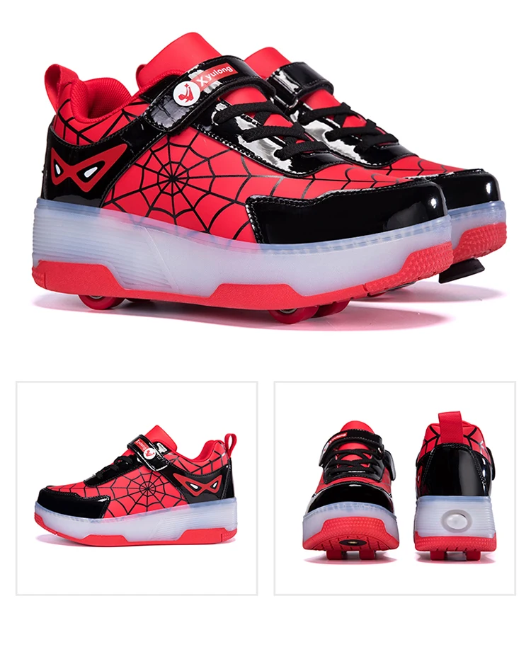 Spider Web Design LED Light up Roller Skates Unisex Children Students Walking Shoes Chargeable Lights Wheel Skate Shoes