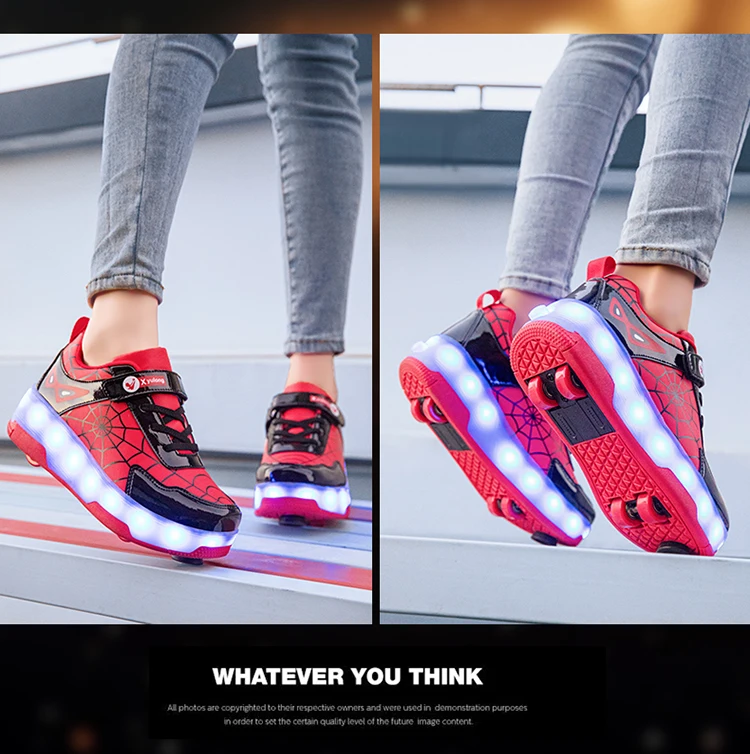 Spider Web Design LED Light up Roller Skates Unisex Children Students Walking Shoes Chargeable Lights Wheel Skate Shoes